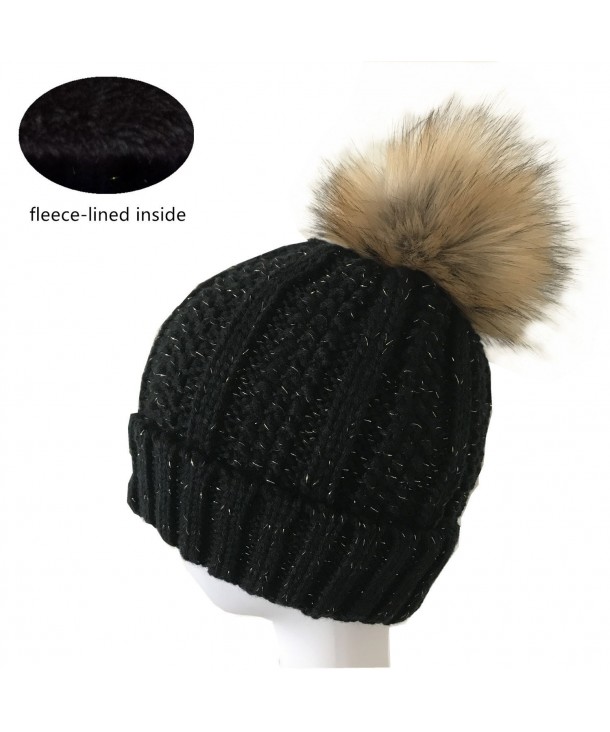 COSYWORLD Women's Faux Fur Pom Pom Fleece Lined Knitted Slouchy Beanie Hat - Black - C812MZV7T5W