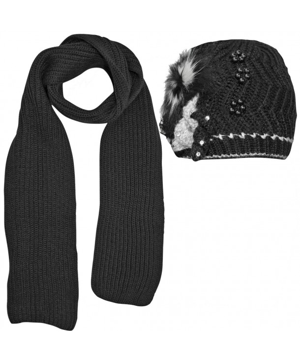 Beanie Hat & Winter Scarf Set With Rhinestone Trim - Black - CO116XQSUBX
