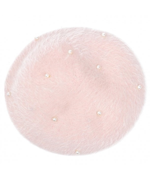 Lisainthus Women's Soft Angora Pearl French Beret Hat - Pink - CN186G5ZZ4H