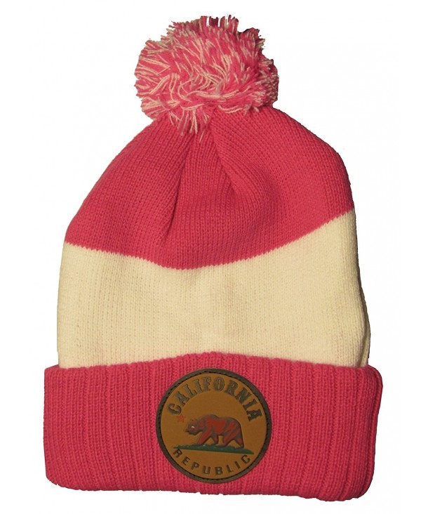 California Republic with Bear Striped Winter Knit Hat Pom Pom Beanie Hat with Cuff - Hot Pink / Black - C011Q2FIT57