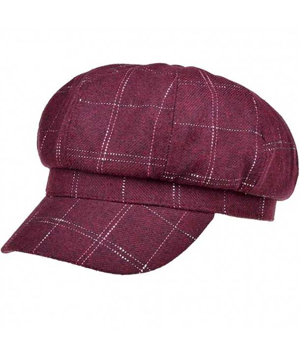 Lerben Women's Soft Classic Plaid Wool Blend Peaked Beret Cap Newsboy Flat Caps - Wine Red - C212M5AU5B7