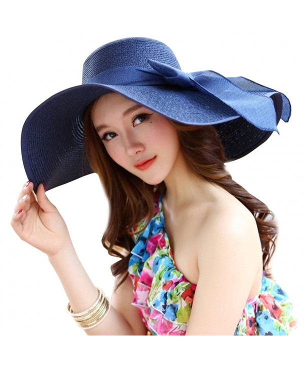 Kaisifei Bowknot Casual Straw Women Summer Hats Big Wide Brim Beach Hat - Navy - CE12F909AL1
