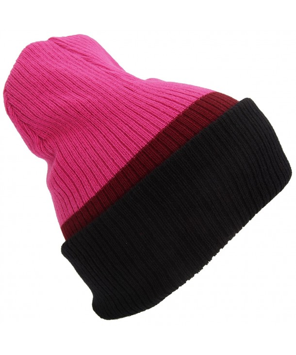 Universal Textiles Adults Unisex Reversible Striped Slouch Beanie Hat (4-In-1 Design) - Fuchsia/Burgundy/Black - CE120FUV47T