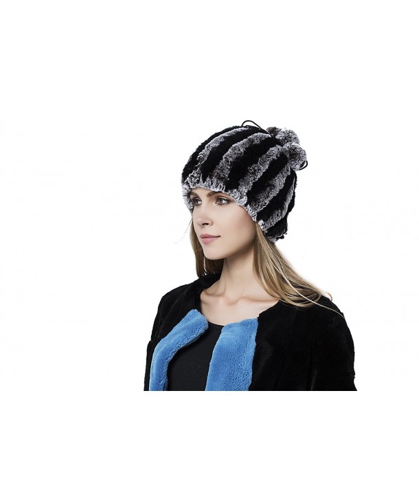 Zegeon Women's Rex Rabbit Fur Hat with Looped Top Casual Winter Knitted Hat - Black - C712NB5LY34