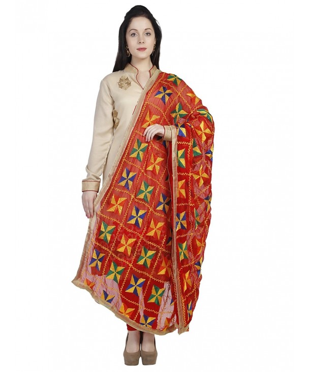 Dupatta Bazaar Women's Red & Multi colour Phulkari Embroidery Chiffon Dupatta - CP12IHEI3CJ