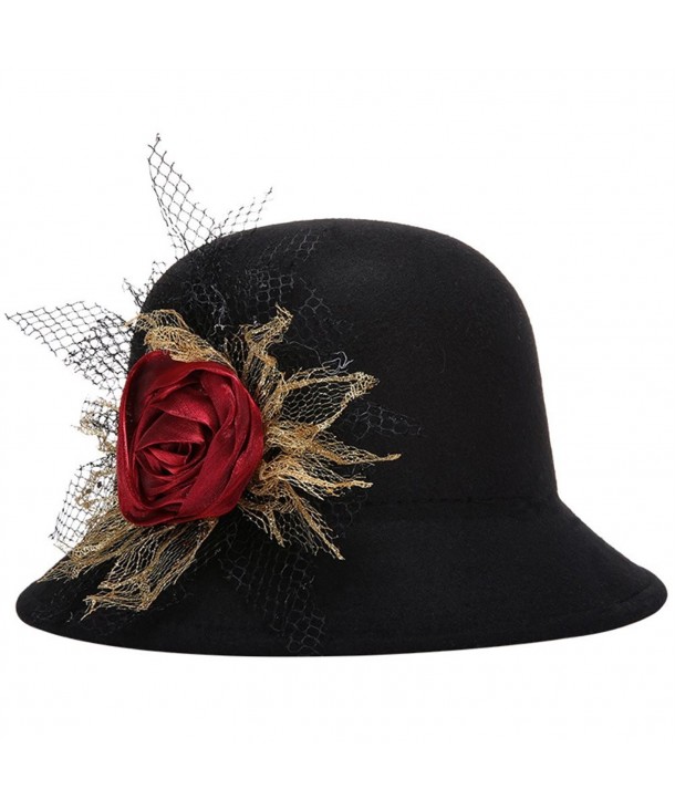 Women Flower Winter Wool Cap Beret Beanie Cloche Bucket Hat? - Black&red - C312OB0XP7G