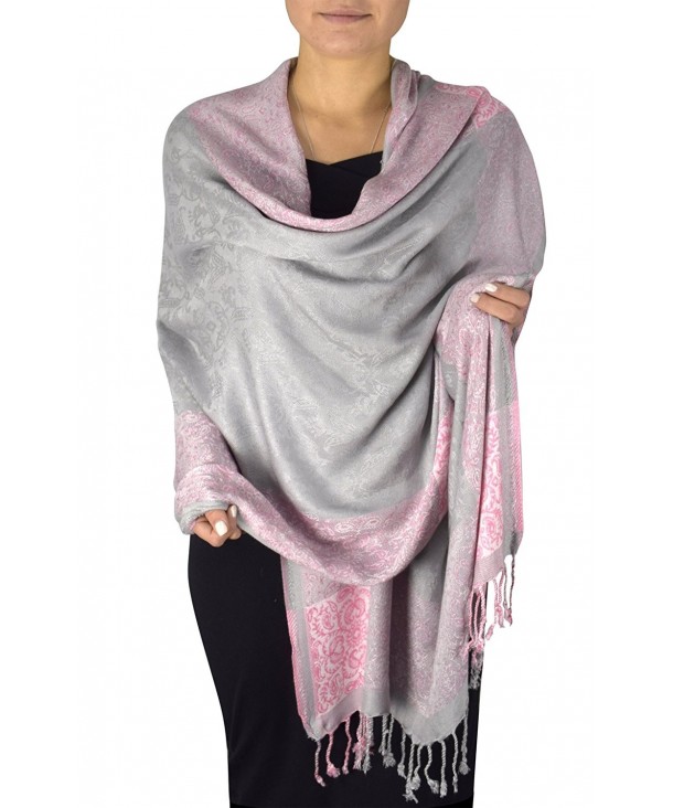 Peach Couture Exclusive Paisley Floral Border Reversible Pashmina Wrap Shawl - Pink and Grey - CP1295P5PM5