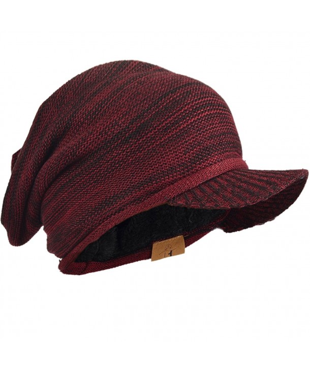 Mens Slouch Fleece Winter Visor Beanie Knit Cap Hat Oversized B319 - Claret-black - CG186GTIIDZ