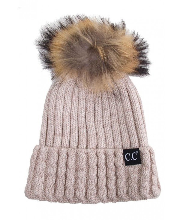 ScarvesMe CC Black Label Ribbed Real Racoon Fur Knitted Cuffed Beanie With Pom Pom - Beige - C3187GKYTHE