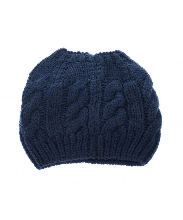 HatQuarters Women Crochet Ponytail Messy High Bun Beanie Winter Hat Slouchy Cable Knit Twist - Navy Blue - CS188KGLGMU