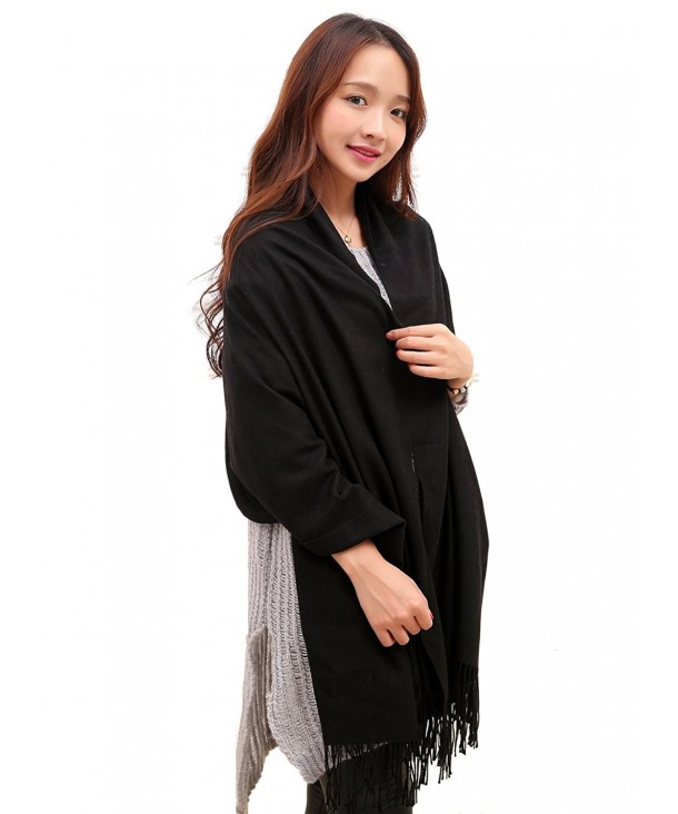 Anboor Cashmere Feel Blanket Scarf Super Soft with Tassel Solid Color Warm Shawl for Women - Black - CU12LLEY925