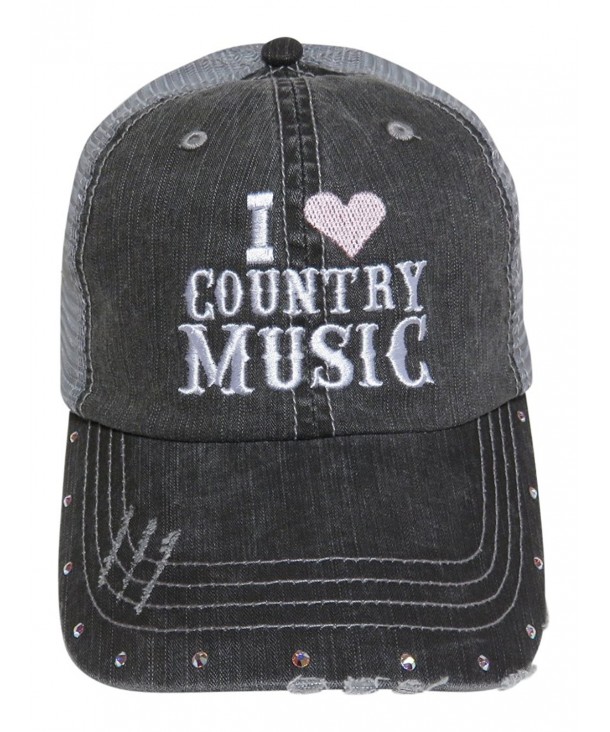 Embroidered "I Love Country Music" Grey Trucker Cap Hat w/Swarovski Crystals - Light Pink Heart - CI128UGCARR