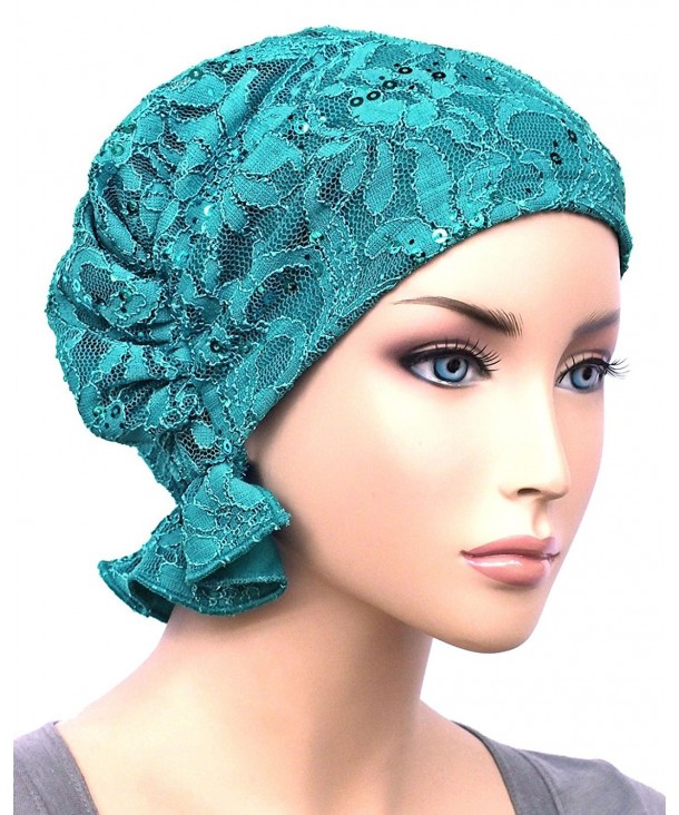 Turban Plus Abbey Cap closeouts Chemo Caps Cancer Hats For Women - 12- Lace Sequin Turquoise (Stretch Lace) - CM11K4HLSWP
