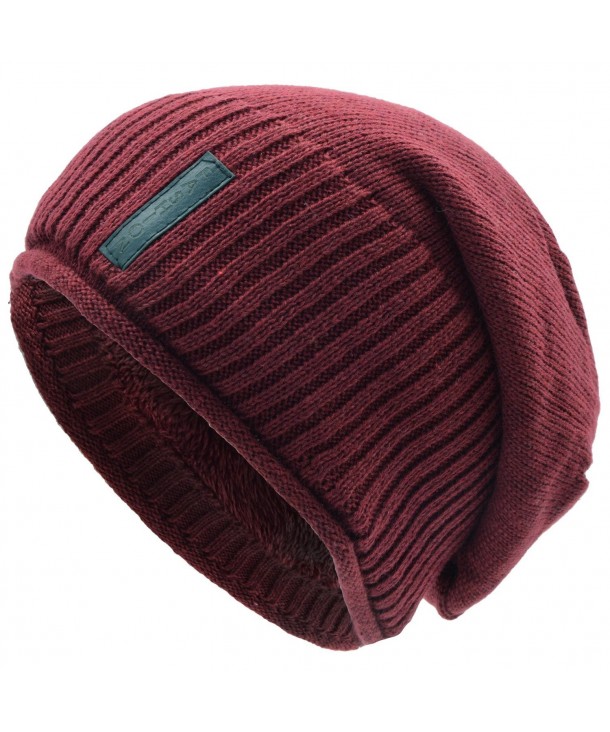 UPhitnis Warm Knit Hat For Men & Women- Soft Long Loose Winter Hat With Hemming and Wool Inner - Red - CS186OZXGDM
