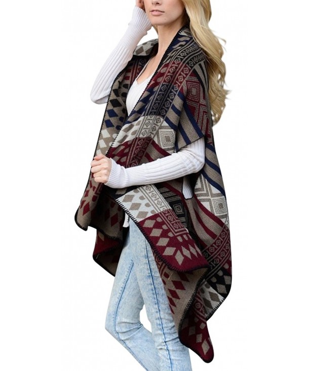 Color-block and Geometric Patterned Very Soft Shawl Poncho with Armholes - Mocha - CV12O2S1UP9
