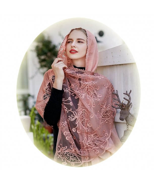 Women Large Shawl Wrap Scarf In Solid Colors Spring Winter Soft Lightweight Lace Flowers Scarves - Shrimp Pink - C4188E79A35