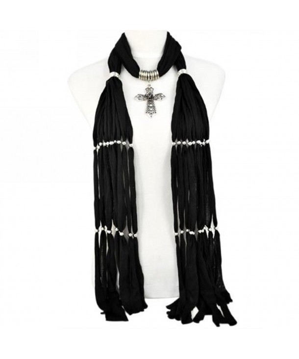 Huan Xun Women's Jewelry Cross Pendant Long Tassel Scarf - K Black - CN1196TT9T1