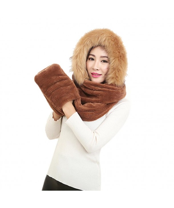 Doinshop Winter Warm Women Siamese Hoodie Gloves Pocket Earflap Hat Long Scarf Wraps - Coffee - C012O9ZD65C