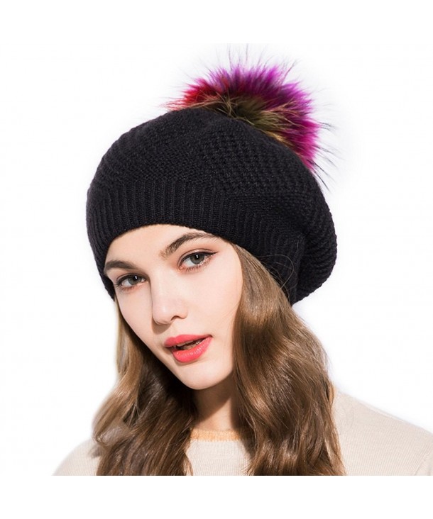 GZHILOVINGL Wool Knit Beret Hats For Women- Spring Slouchy Beanie Cap With Pom Pom - Black - CC188M3A6Z6