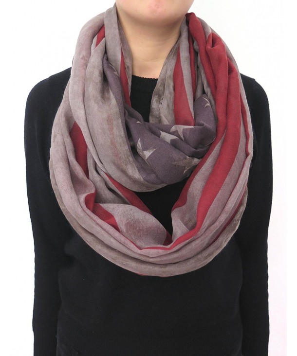 Lina & Lily Vintage Dusty American Flag Print Loop Infinity Scarf 4th July - Grey and Red - C811PQ2G5G7