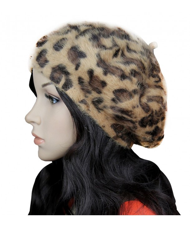 Faux Fur Leopard Print Berets Soft Warm French Style Painter Hat Cap - Coffee - CR187E6L8RQ