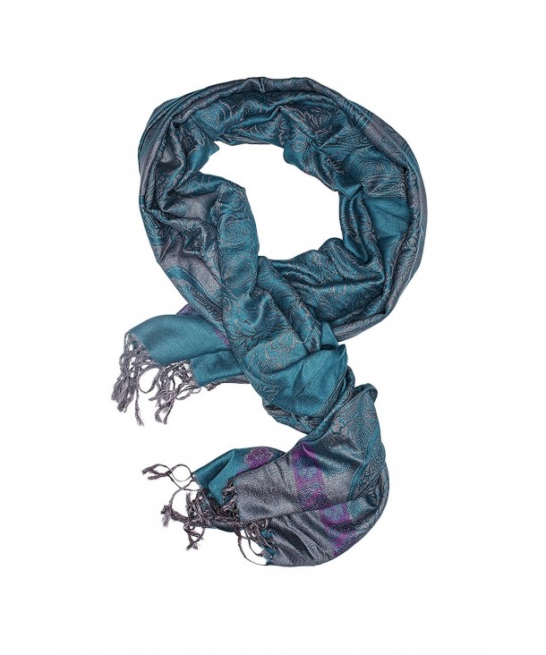 Ladies Pashmina Shawl Paisley Scarf Wrap With Fringe Fashion Scarves For Women (teal blue- gray- purple) - CX12N2Q1B25