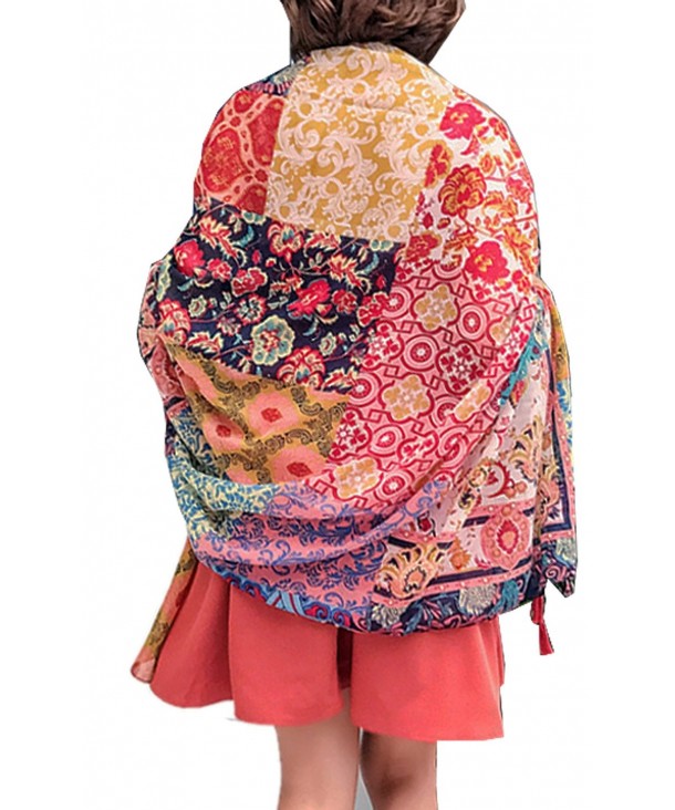 Women's Boho Bohemian Soft Blanket Oversized Fringed Scarf Wraps Shawl Sheer Gift - Orange Floral - CW189UNQLO3