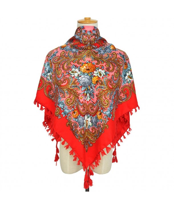 Women Scarf Vintage Trendy Fringe Big Square Long Warm Floral Scarves Shawl - Red & Small - CR1869IEUO6