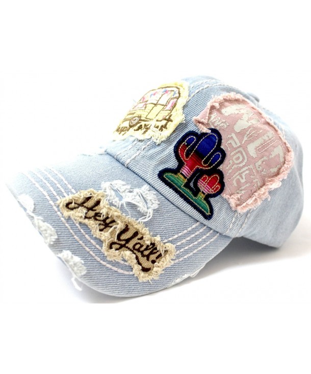 Y'ALL- HAPPY CAMPER- WILD FREE Multi-Patch Embroidered Adjustable Cap - Light Denim - CP17YZOMUH5