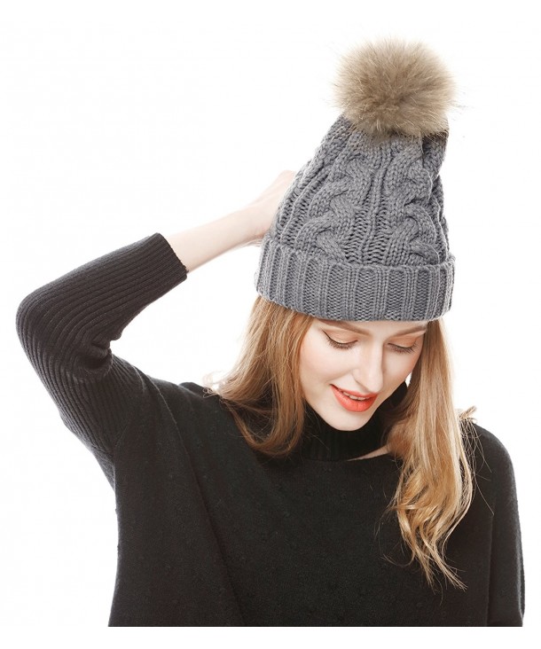 Lovful Women's Winter Hand Knit Real Fur Pompoms Beanie Hat - Light Gray - CS12MZIB5CH