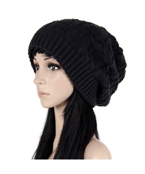 ISEYMI Chunky Cable Knit Beanie Hat Double Layers Winter Warm Skully Cap Soft Stretch - Black - CU12MTGDT2P