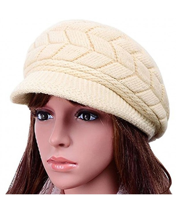Women Lady Braided Warm Cabled Knit Winter Beanie Crochet Hats Newsboy Caps Beige - C0129B3VUOX