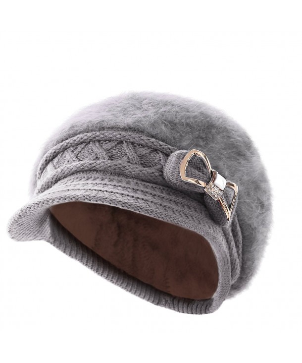 Surblue Lady Crystal Bow Warm Cabled Angora Knit Winter Beanie Crochet Beret Hats Newsboy Caps - Grey - CC12NGD524Q