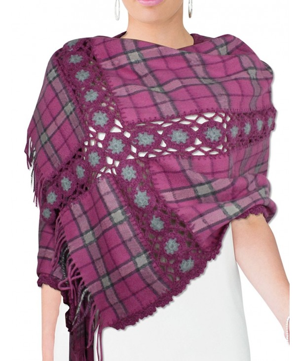 Dahlia Women's Large Wool Blend Scarf - Crochet Flower Cross Striped - Magenta Pink - CH117NY4CWF