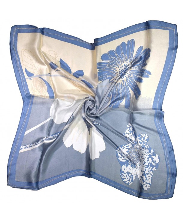 Teal Blue White Cream Flower Print Fine Silk Square Scarf - CZ12NTXWKYQ