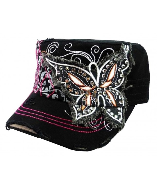 Leader Original Vintage Cadet Cap Distressed Style Hat with Bling Butterfly Black - CB11MFWAK5R