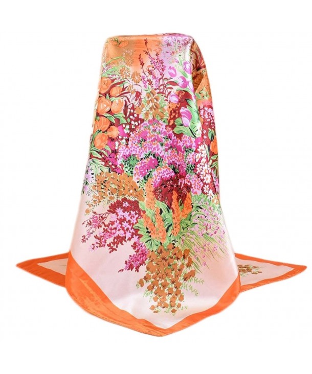 Unique Premium Soft Silk Rayon 35"35" Square Sheer Women's Floral Scarves - Orange - CG182Z0XGNZ