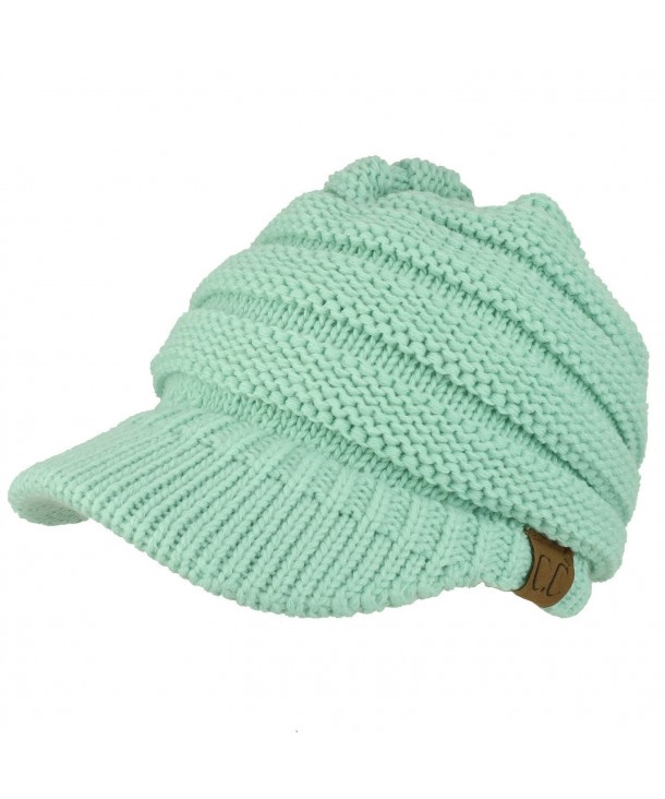 Trendy Apparel Shop Women's Ribbed Knit Winter Ponytail Visor Beanie Cap - Mint - CT188QKKICN