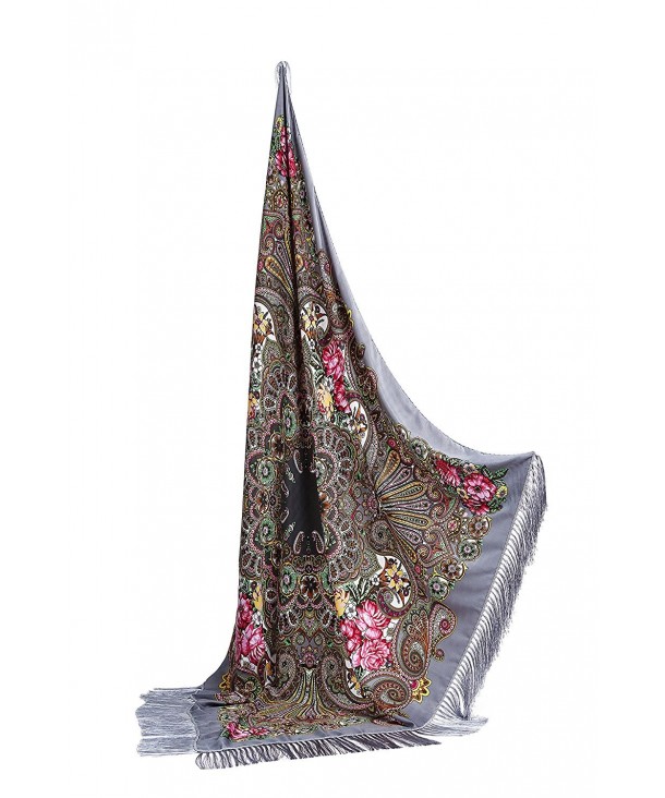 Ladies Oversized Shawl With Tassels Ukrainian Polish Russian Floral Wrap 51" x 51" - Gray - CO17YLKEG6G