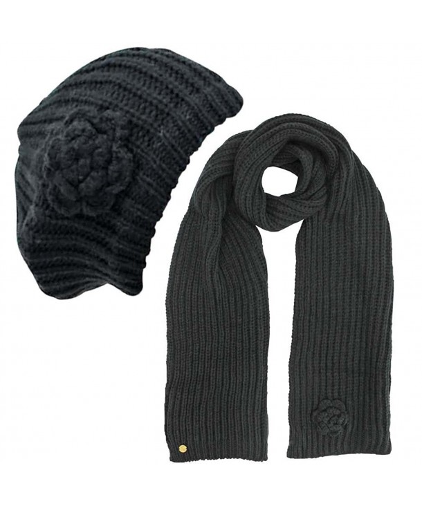 Feminine Rosette Knit Beret Hat & Scarf Set - Black - CY110JONVXR