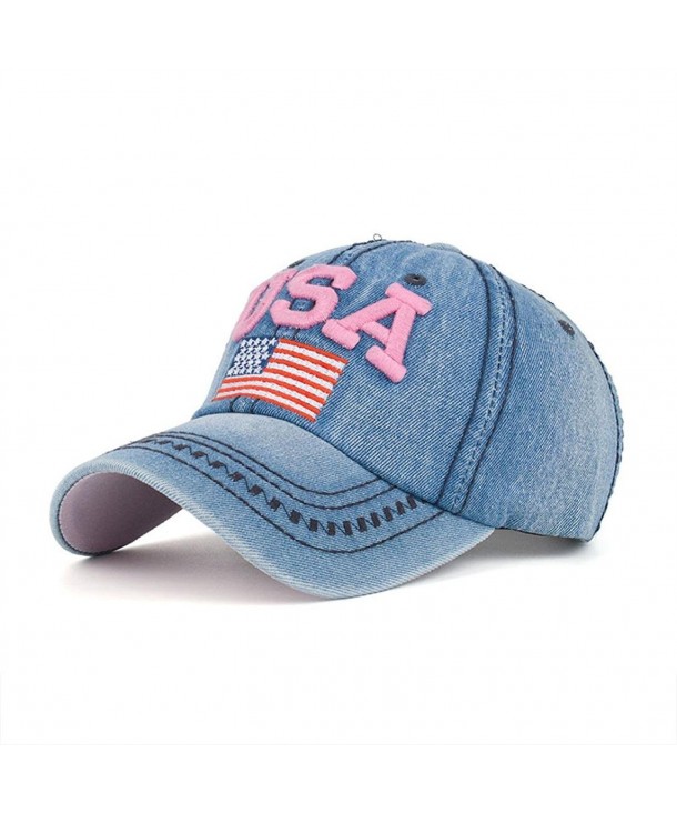 Hatop Women Men USA Denim Rhinestone Baseball Cap Snapback Hip Hop Flat Hat - Pink - CM182YD99IA