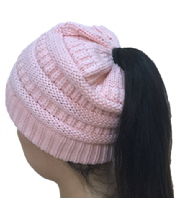 E-Papaya Clearance Fashion Women Knit Thick Warm Ponytail Hole Beanie Hat Cap (Black/White) - Pink - C6187ZEH7Z3