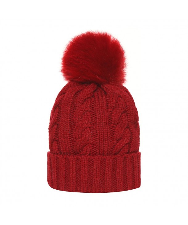 Women Cable Knit Beanie Hat Winter Warm Pom Pom Cap Hats Wine Red Cm1860mu3