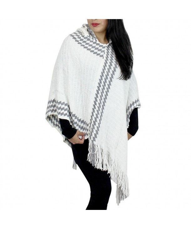 Hooded Poncho - Argyle Pattern- White - CM1261FX9VL