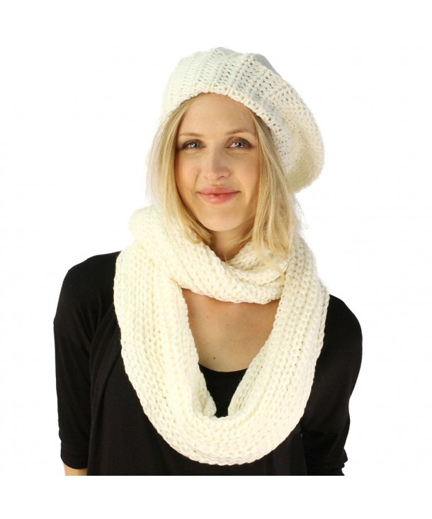 Ladies 2pc Winter Knit Beret Tam Beaniel Hat Long Infinity Scarf Solid Set - Ivory - CO11P5F0ORV