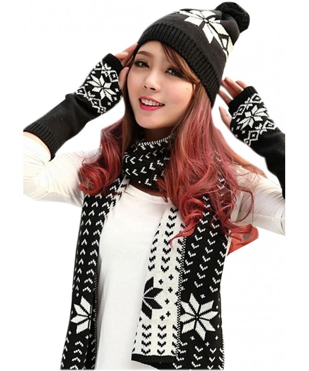 Women's 3 Piece Winter Set-Snowflake Pompom Beanie- Arm Warmers-Reversible Scarf - Black - C71883C8D9G