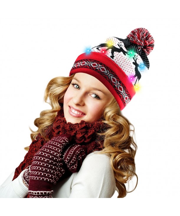 Harmony Life 10 LED Light Up Beanie Hat Flashing Knitting Cap- Reindeer Pom Beanie - Red - C6187KD4Y3Z