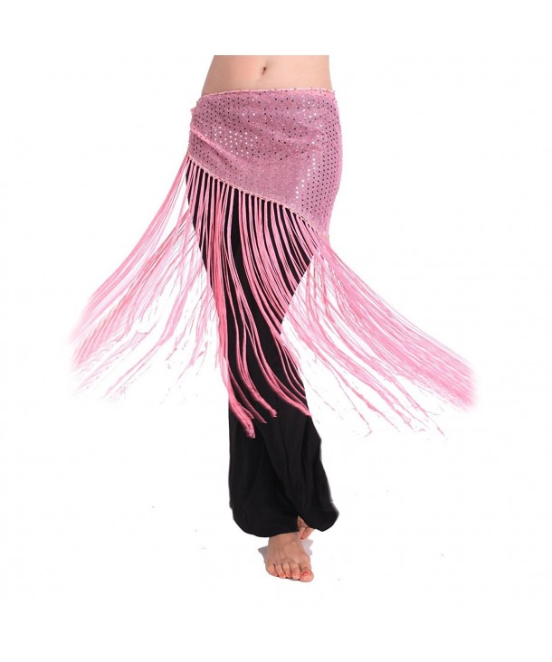 BellyLady Belly Dance Gypsy Tribal Belt with Fringe- Belly Dance Hip Scarf - Pink - CW11ECSRVQ9