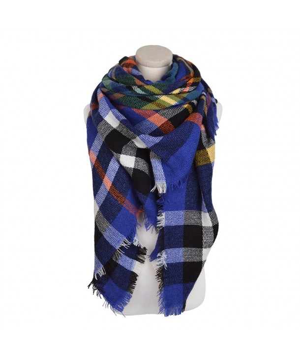 Premium Winter Large Soft Knit Plaid Checked Square Blanket Scarf Shawl Wrap - Blue - C212O3CFBIZ