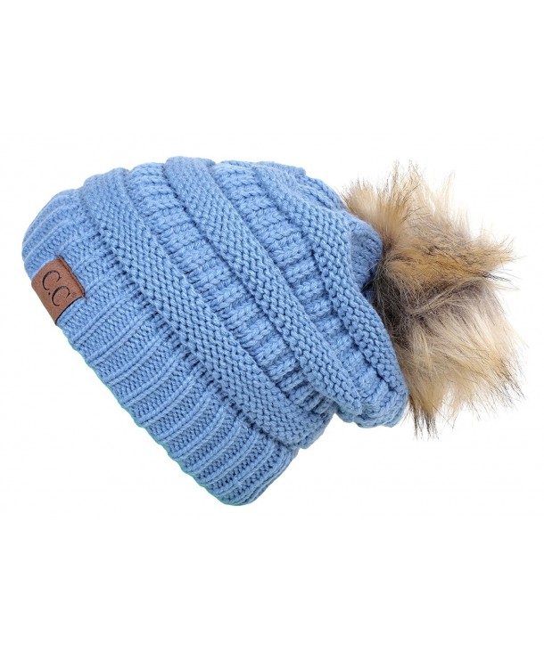 FUNKY JUNQUE's CC Solid Ribbed Beanie with Faux Fur Pom - Winter Hat - Skull Cap - Denim - CP183CWRU5T